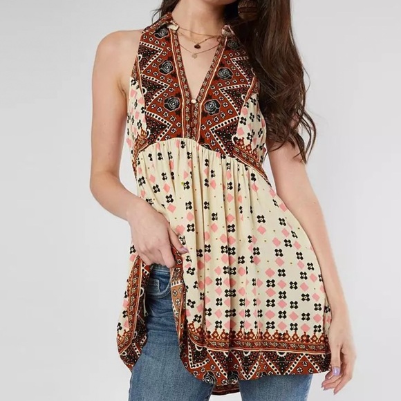 Free People Charlotte Tunic Tank Blouse Size Small Boho Racerback Collar V-Neck - Picture 13 of 13
